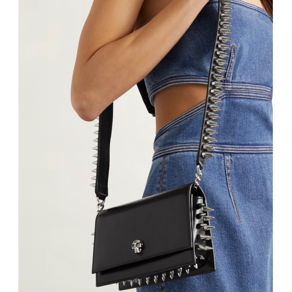 Alexander McQueen Black Leather Skull Biker Bag with Spiked Shoulder Strap